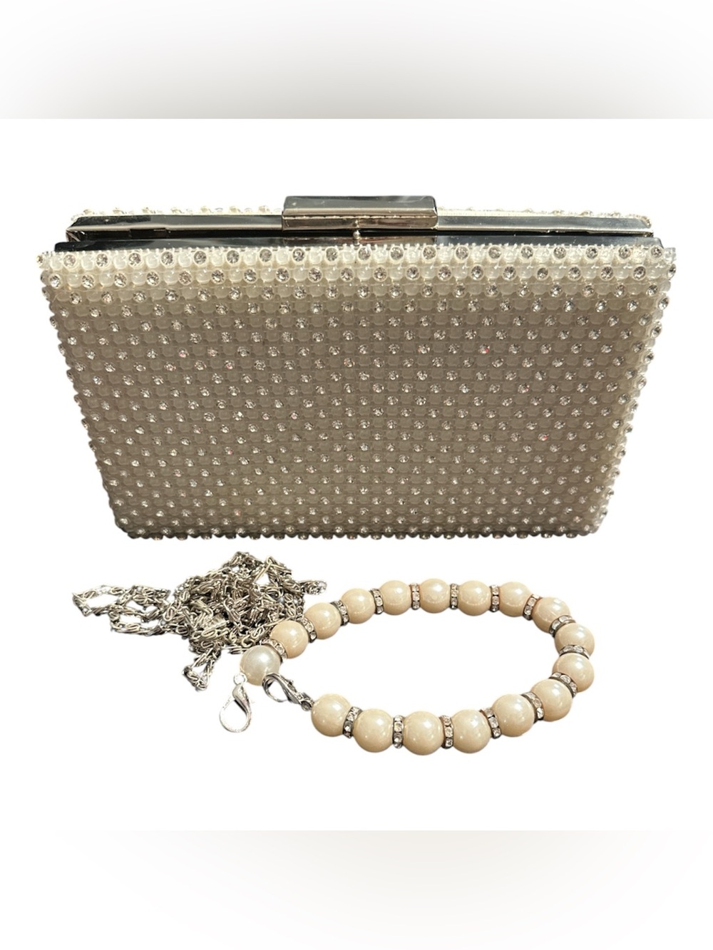 Beaded Ivory Pearl Evening Clutch with Chain Handle